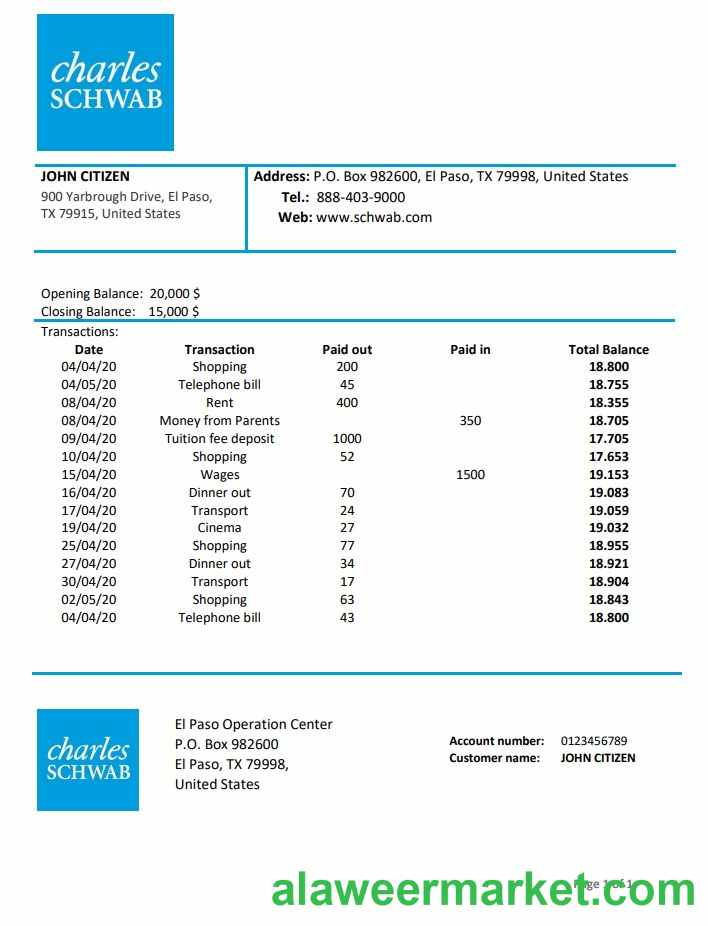 USA Charles Schwab & Co bank proof of address statement template in Word and PDF format
